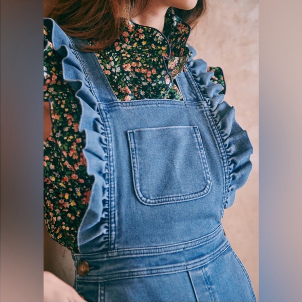 Sezane Rosario Blue Ruffle Denim Overalls